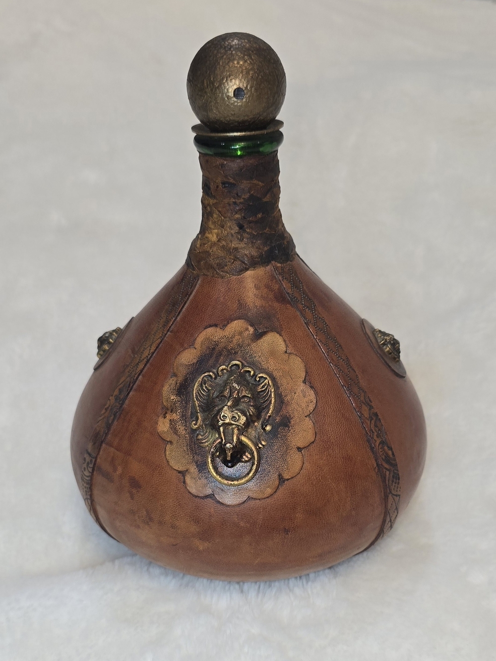 Vintage Italian Leather Wrapped Decanter Bottle - Brass Lion Head Medallions